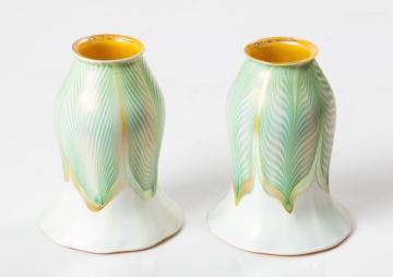 Pair of Quezal Pulled Feather Art Glass Shades