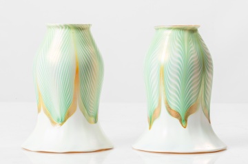 Pair of Quezal Pulled Feather Art Glass Shades