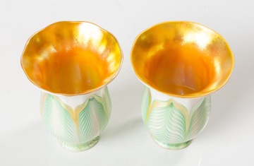 Pair of Quezal Pulled Feather Art Glass Shades