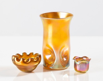 Kew Blas Dimpled Vase and Two Quezal Iridescent Glass Cabinet Pieces