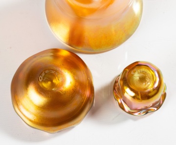 Kew Blas Dimpled Vase and Two Quezal Iridescent Glass Cabinet Pieces