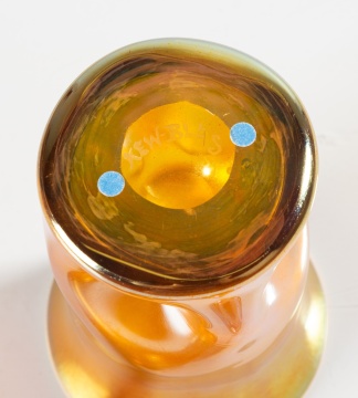 Kew Blas Dimpled Vase and Two Quezal Iridescent Glass Cabinet Pieces