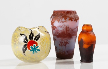 Three French Cameo and Enameled Glass Vases: de Vez, Muller Freres and Legras