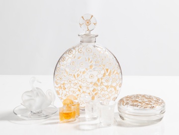 Lalique and D'Orsay Frosted Glass Dresser Pieces, Six Pieces