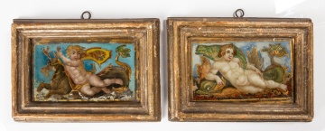 Attributed to Luca Giordano (Italian, 1634-1705) Pair of Reverse Paintings on Glass, Putti Riding Sea Monsters