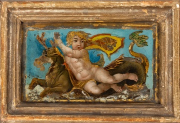 Attributed to Luca Giordano (Italian, 1634-1705) Pair of Reverse Paintings on Glass, Putti Riding Sea Monsters