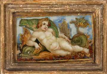 Attributed to Luca Giordano (Italian, 1634-1705) Pair of Reverse Paintings on Glass, Putti Riding Sea Monsters