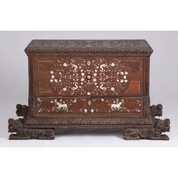 Carved Teak & Ivory Inlaid Chest