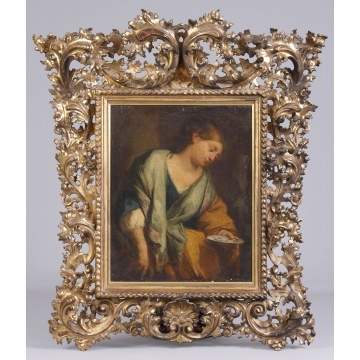 Early Italian Carved & Gilt Wood Frame with old master's style painting