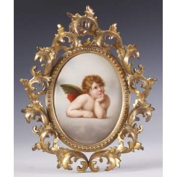 Ptg. on Porcelain of Cupid w/Gilt Bronze Frame