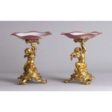 Pair of Sevres Compotes on Gilt Bronze Cherub Bases