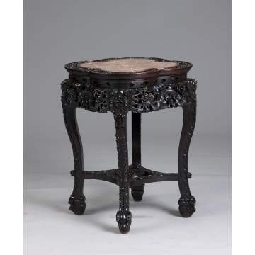 Chinese Carved Teakwood Stand w/Inset Clover Shaped Marble Top