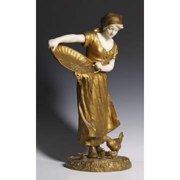 Henryk Kossowski (1855-1921) Bronze & Marble Sculpture of Woman Feeding Chicks