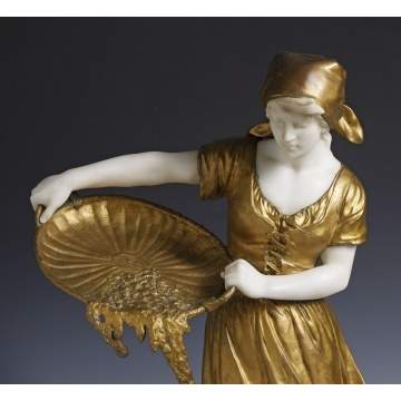 Henryk Kossowski (1855-1921) Bronze & Marble Sculpture of Woman Feeding Chicks