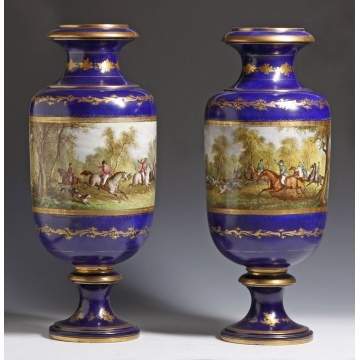 Pair of Sevres Cobalt Vases w/Hunting Scenes