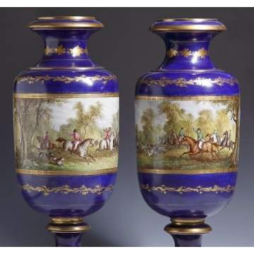 Pair of Sevres Cobalt Vases w/Hunting Scenes