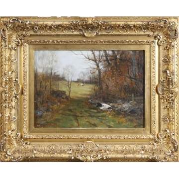 Charles Paul Gruppe (American, 1860-1940) "Cows Sheltering in Autumn Woods"