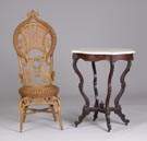 (L) Victorian Wicker Chair  <br>(R) MVictorian Marble Top Stand