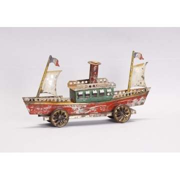 19th Cent. Early Tin Hand Painted Boat Pull Toy