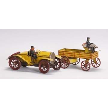 Tin Wind-Up Speedster Car & Wagon w/Drivers