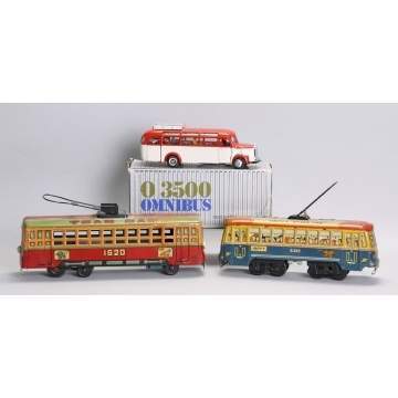 Lithographed Tin Tram Cars & Mercedes Benz OmniBus