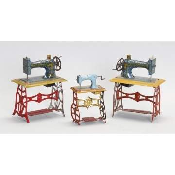 3 German Lithographed Tin Sewing Machine Penny Toys