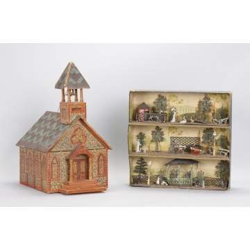 Lithographed & Wood Church & French Park Scene