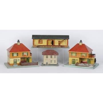 4 Bing Lithographed Tin Train Stations & Houses