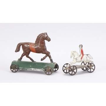 2 Hand Painted Tin Horse Pull Toys