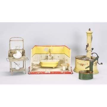 Group of Early Hand Painted Tin Bathrooms and Pumps