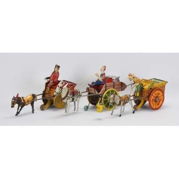 3 Lithographed Tin Wind-Up Mule Drawn Carts