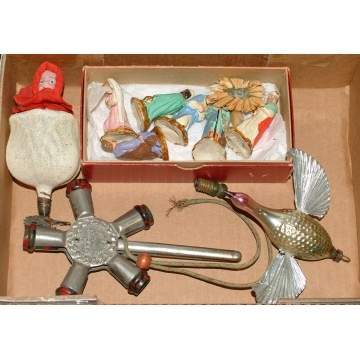 Christmas Light Holder, 2 Glass Ornaments, & 7-Pc. Miniature French Nativity Set