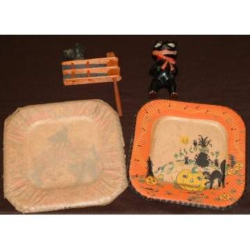 Group of Halloween Paper Plates, Celluloid Cat & Wooden Noisemaker