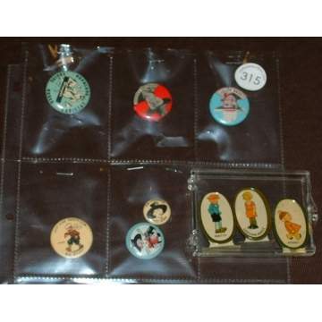 3 Tin Cracker Jack Prizes & Group of 6 Buttons