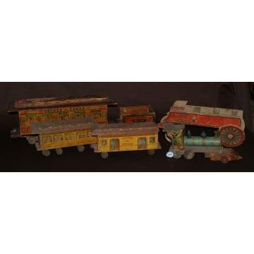 Group of Wood & Paper Lithographed Train Parts & Cart