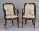 Pair of Classical Empire Mahogany Arm Chairs w/Silk Needlework Floral Upholstery