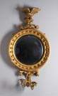 Early 19th Cent. Diminutive Federal Giltwood Convex Mirror w/Eagle & Candle Sconces
