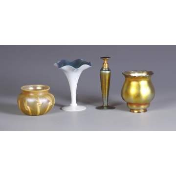 Sgn. LCT & # Iridescent Decorated Vase, Steuben Blue Aurene & Calcite Trumpet Vase, Steuben Cologne w/Original Stopper and Sgn. Steuben Gold Aurene Shade