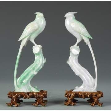 Pair of Finely Carved Jade Birds on Stumps