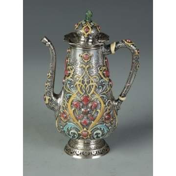 Fine & Rare Tiffany & Co. Silver Enameled & Hardstone Chocolate Pot of Moorish Design
