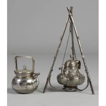 Hand Hammered Chinese Export Silver Tea Kettle and Chinese Export Silver Tea Kettle on Tripod Stand