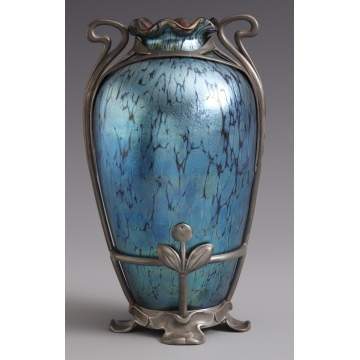 Fine Loetz Blue Iridescent Oil Spot Vase w/Stylized Floral Pewter Mounts