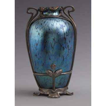 Fine Loetz Blue Iridescent Oil Spot Vase w/Stylized Floral Pewter Mounts