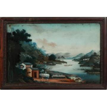 Chinese Reverse Painting on Glass, lake scene w/house