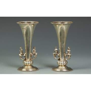 Pair of Sterling Vases w/Neptune riding on Stylized Fish