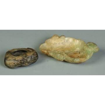 Carved Jade Lotus Leaf Dish & Brush Pot