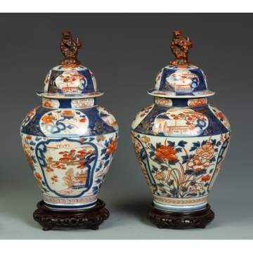 Nearly Identical Imari Porcelain Covered Jars w/Foo Dog Finials