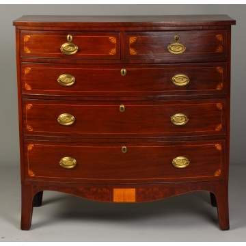 Fine Hepplewhite Mahogany Bowfront Chest w/Inlaid Fans, Flaring French feet
