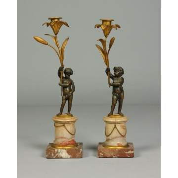 Pair of Marble & Bronze Candle Holders w/Cherubs