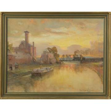Collin Campbell Cooper (American, 1856-1937) Canal scene w/train